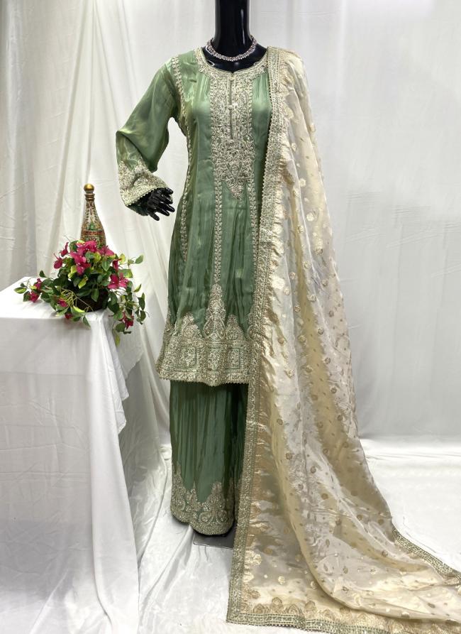 Shimmer Silk Green Wedding Wear Embroidery Work Readymade Plazzo Suit